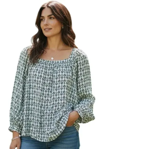 Ann Taylor Black White Floral Boatneck Long Sleeve Stretch Blouse Size XL EUC - Picture 2 of 7